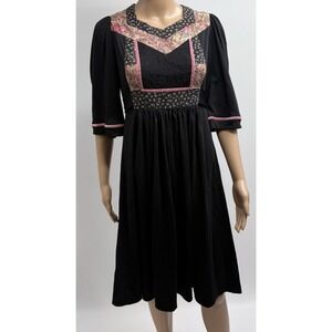 Vintage 70s Young Edwardian Arpeja Floral Roses Lace Peasant Dress Velvet XS/S